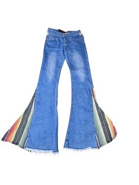 L&B Blue Denim Flare Jeans with Multicolor Side Panels
